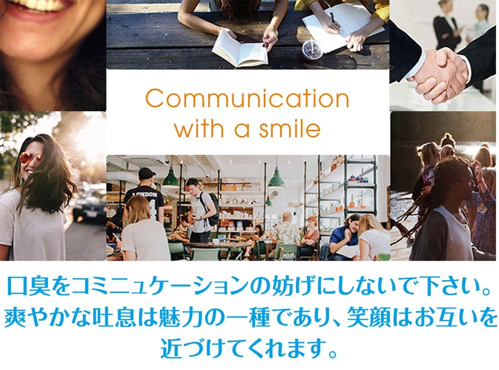 Collage of smiling people and social scenes with Communication with a smile text and Pearlie White Icy Mint breath spray