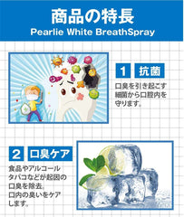 Pearlie White Icy Mint breath spray infographic showing mint ice cubes, antibacterial tooth illustration and odor care features
