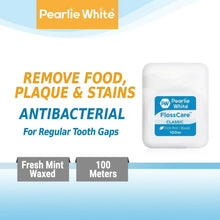 Fresh mint waxed dental floss case labeled to remove food, plaque, and stains, 100m.