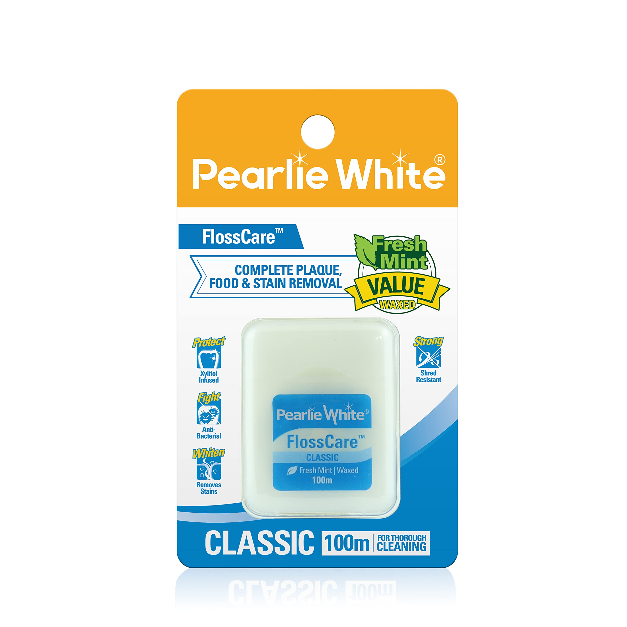 Pearlie White waxed mint dental floss. Packaged 100m FlossCare Classic in white case with Fresh Mint label