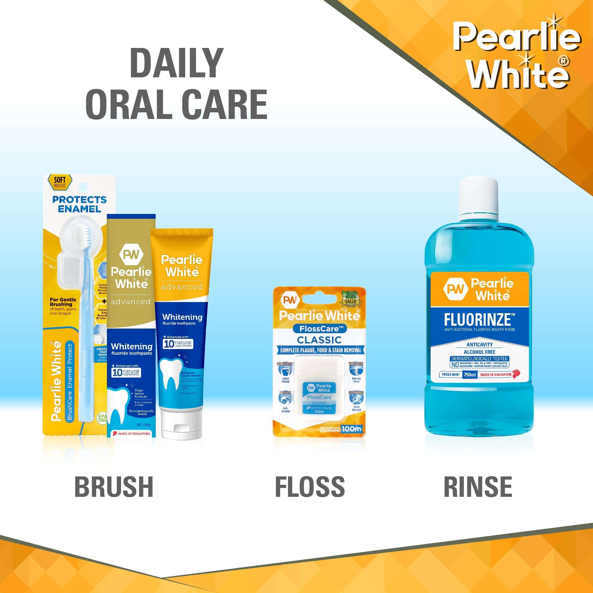 Pearlie White waxed mint dental floss pack alongside toothbrush whitening toothpaste and Fluorinze mouthwash