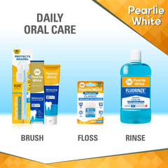 Pearlie White waxed mint dental floss pack alongside toothbrush whitening toothpaste and Fluorinze mouthwash