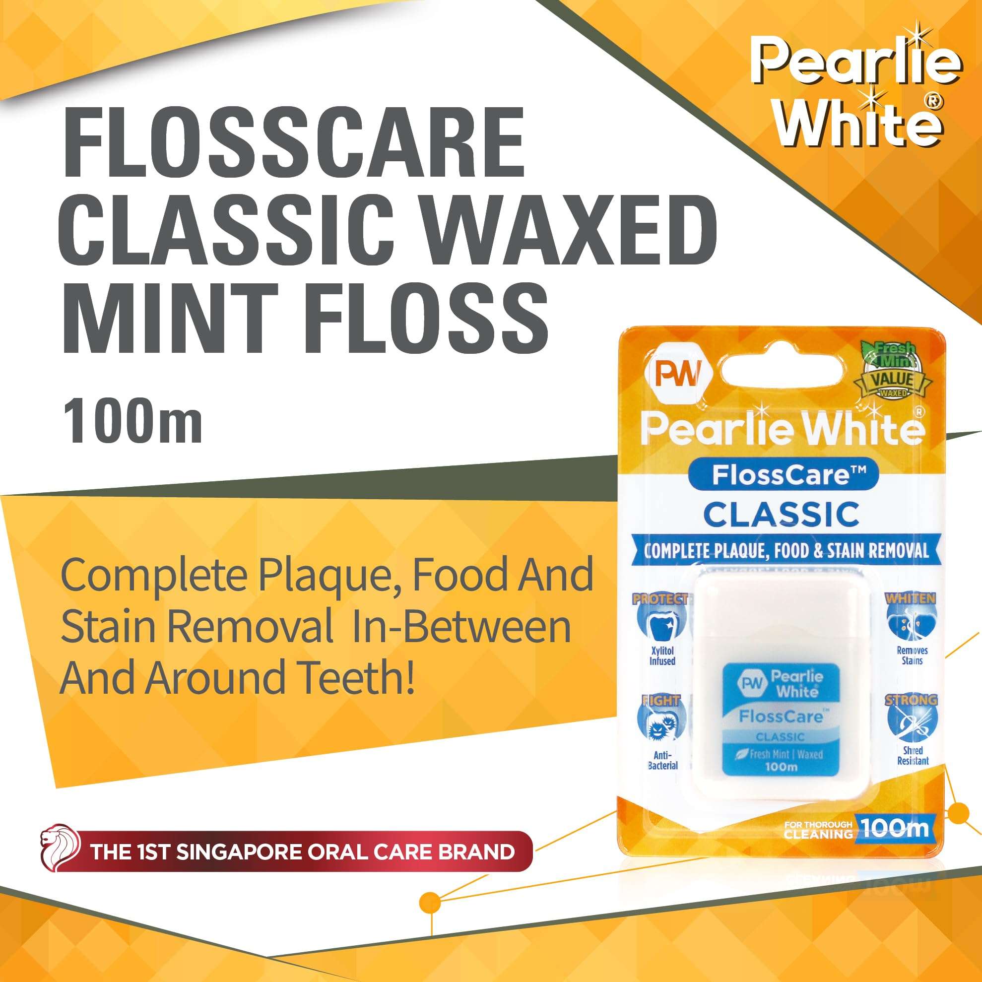 Pearlie White waxed mint dental floss 100m FlossCare classic waxed mint floss in retail blister pack