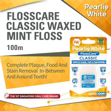 FlossCare Classic waxed mint dental floss pack, 100m, for plaque and stain removal.