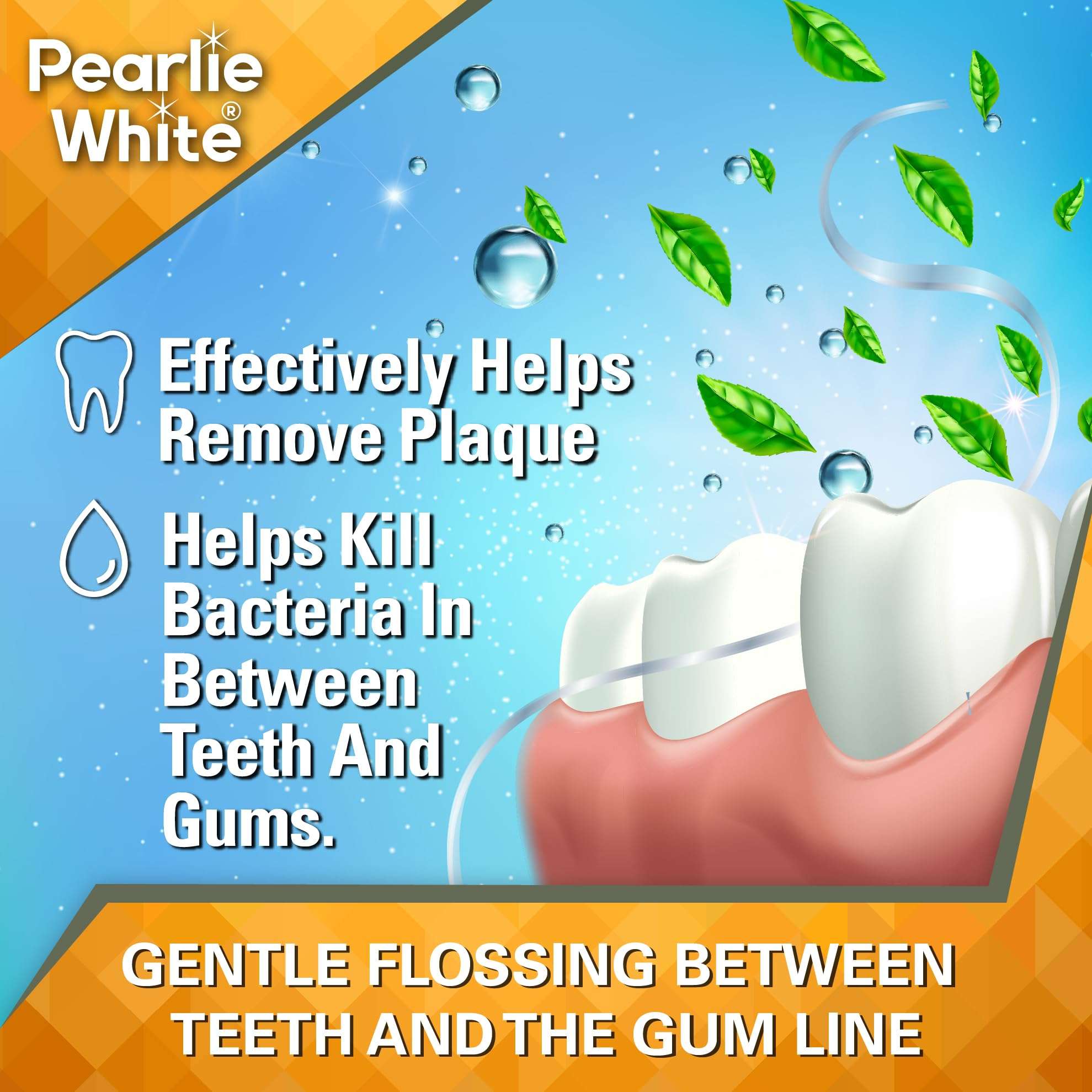Pearlie White waxed mint dental floss packaging showing tooth and gum mint leaves plaque removal and gentle flossing benefits
