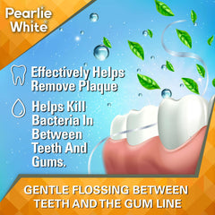 Pearlie White waxed mint dental floss packaging showing tooth and gum mint leaves plaque removal and gentle flossing benefits