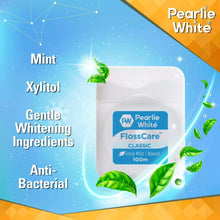 Waxed mint dental floss case with xylitol and whitening ingredient callouts.