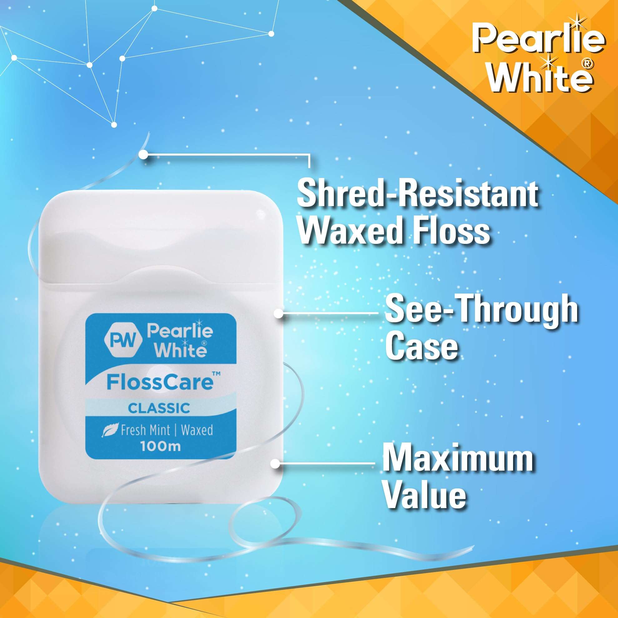 Pearlie White waxed mint dental floss in white see through case FlossCare 100m shred resistant waxed floss