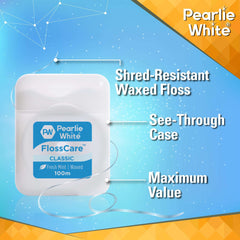 Pearlie White waxed mint dental floss in white see through case FlossCare 100m shred resistant waxed floss