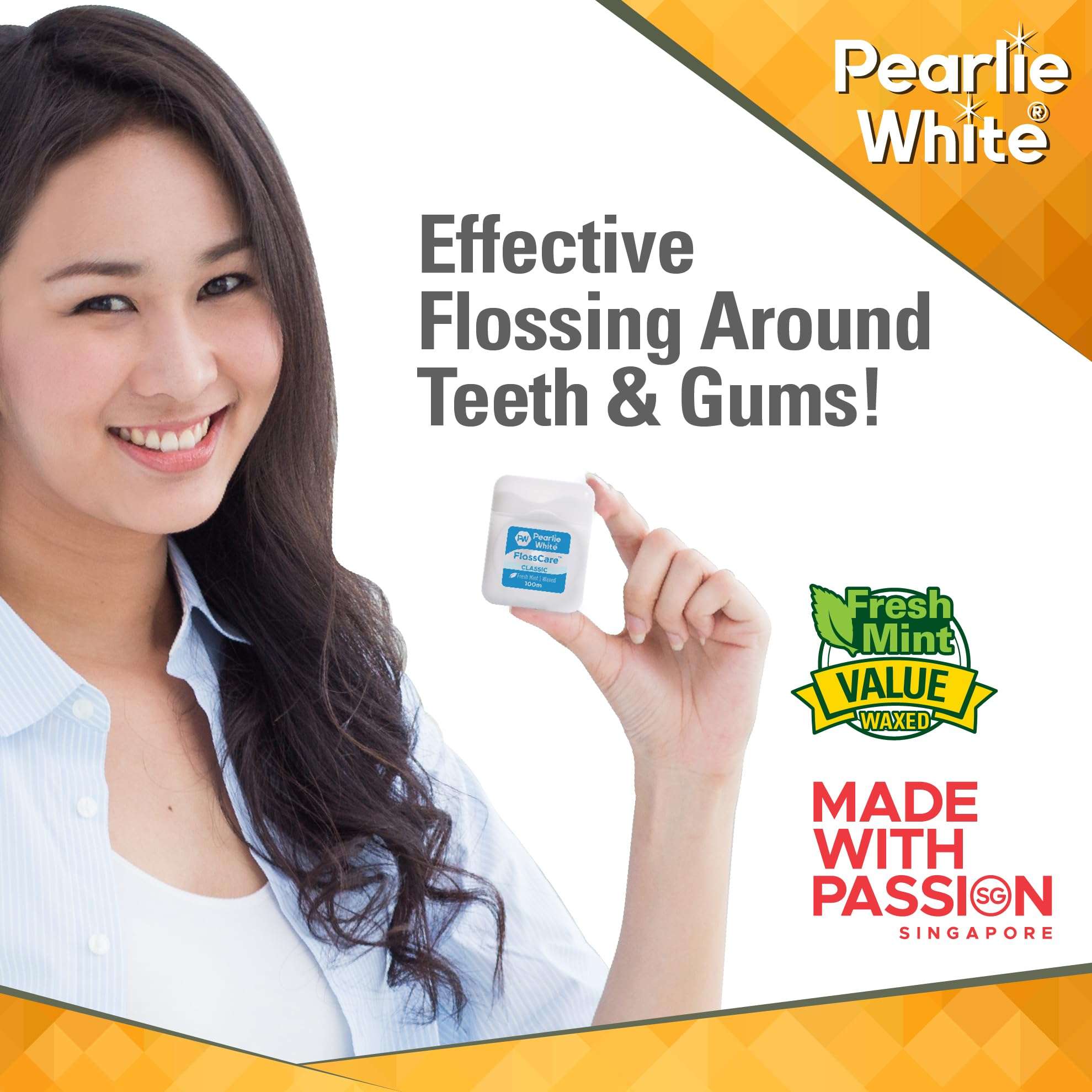 Smiling woman holding Pearlie White waxed mint dental floss container promoting effective flossing