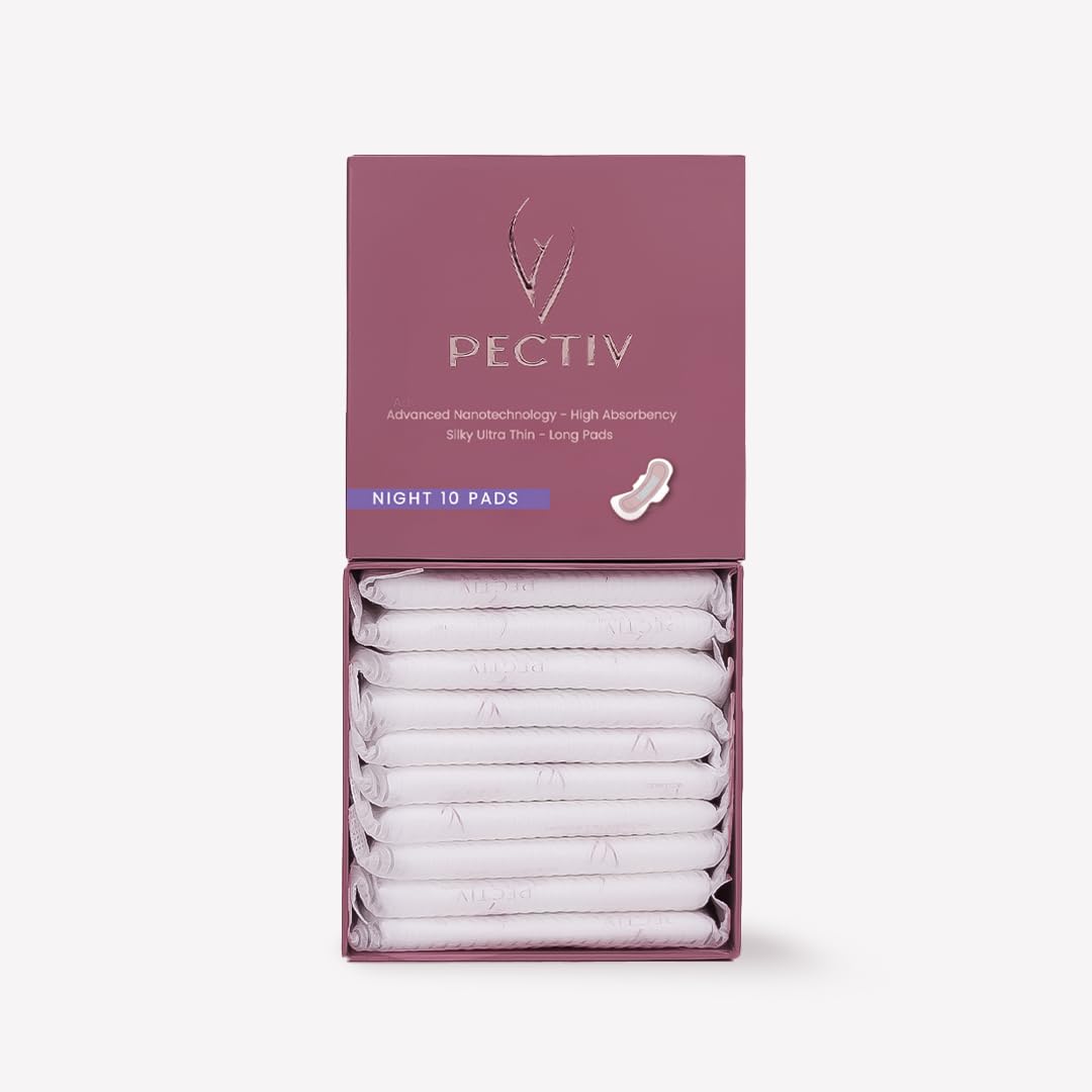 PECTIV box of ultra thin night sanitary pads open showing ten individually wrapped long pads stacked
