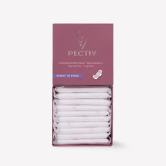 PECTIV box of ultra thin night sanitary pads open showing ten individually wrapped long pads stacked