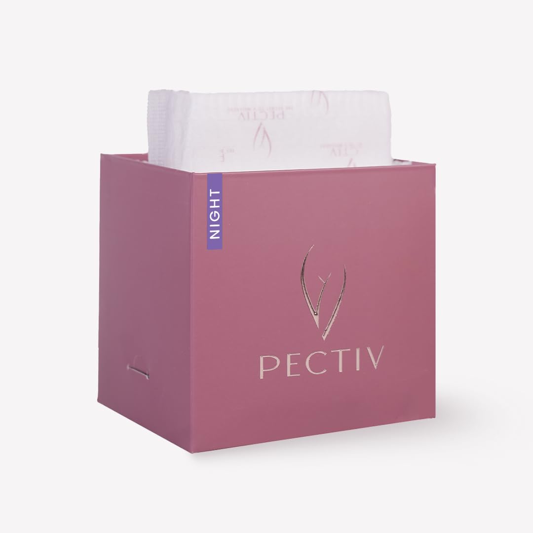 PECTIV pink dispenser box with visible stack of ultra thin night sanitary pads and Night label