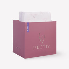 PECTIV pink dispenser box with visible stack of ultra thin night sanitary pads and Night label