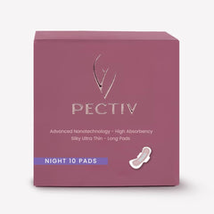 PECTIV box of ultra thin night sanitary pads 10 count mauve packaging with pad icon and product text