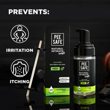 Natural intimate wash bottle with black pump and label, with prevention icons