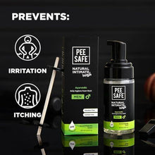 Natural intimate wash bottle with black pump and label beside irritation icons