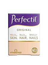 Perfectil Original skin hair nails supplement tablets box, purple and beige branding
