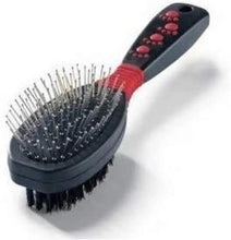 Pet slicker grooming brush with black oval base and red paw grip, metal pins