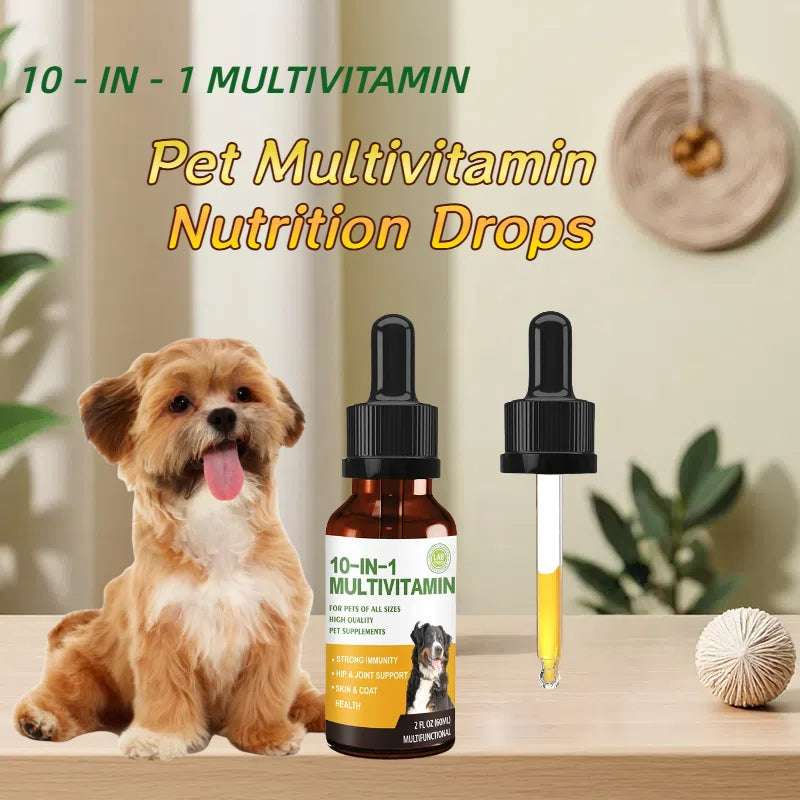 Mumzar pet multivitamin drops UAE for overall health, with a cute dog beside the bottle