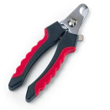 Pet nail trimmer with black/red grips and metal cutting blades