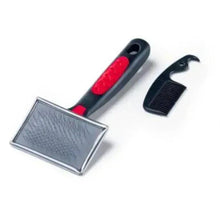 Pet slicker brush with black handle and red grip, metal pin pad; small comb included