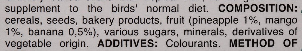 Padovan tropical bird food sticks with cereals, seeds, and fruits for healthy bird diets