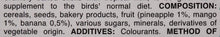 Bird supplement ingredients and composition text panel