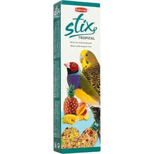 Tropical bird feed sticks box with parrot and fruit illustrations, 80g