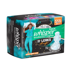 Whisper Ultra Night sanitary pads XXL pack 20 400mm super heavy flow night pad packaging with illustrated woman in pajamas