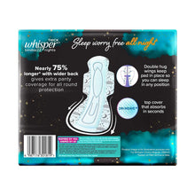 Whisper thick night sanitary pad pack back with wing and absorbency callouts