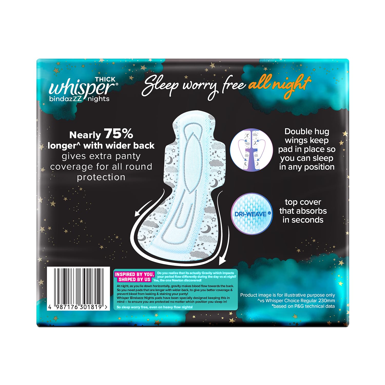 Whisper Ultra Night sanitary pads XXL package back showing extra long pad wider back double hug wings