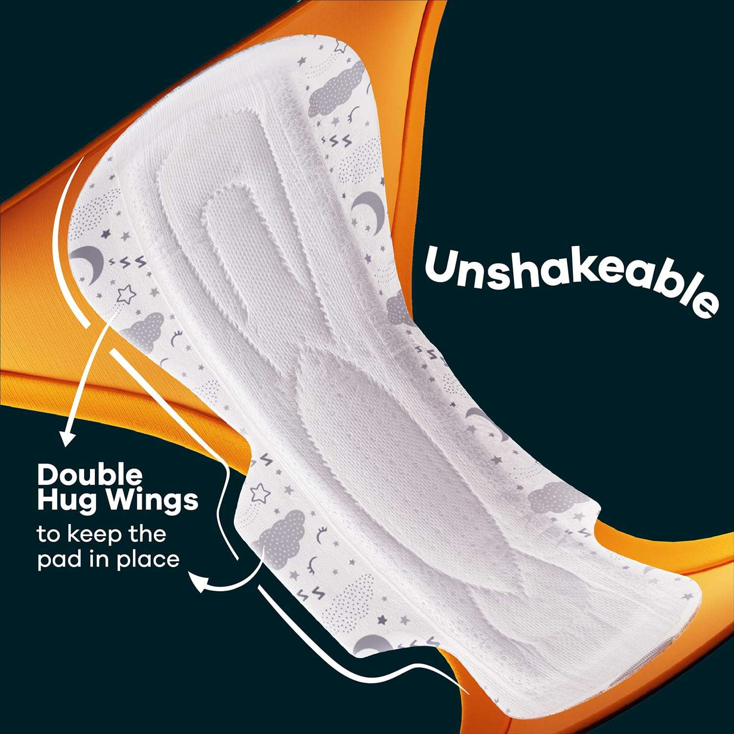 Close up of Whisper Ultra Night sanitary pads XXL white overnight pad with double hug wings and secure fit moon print
