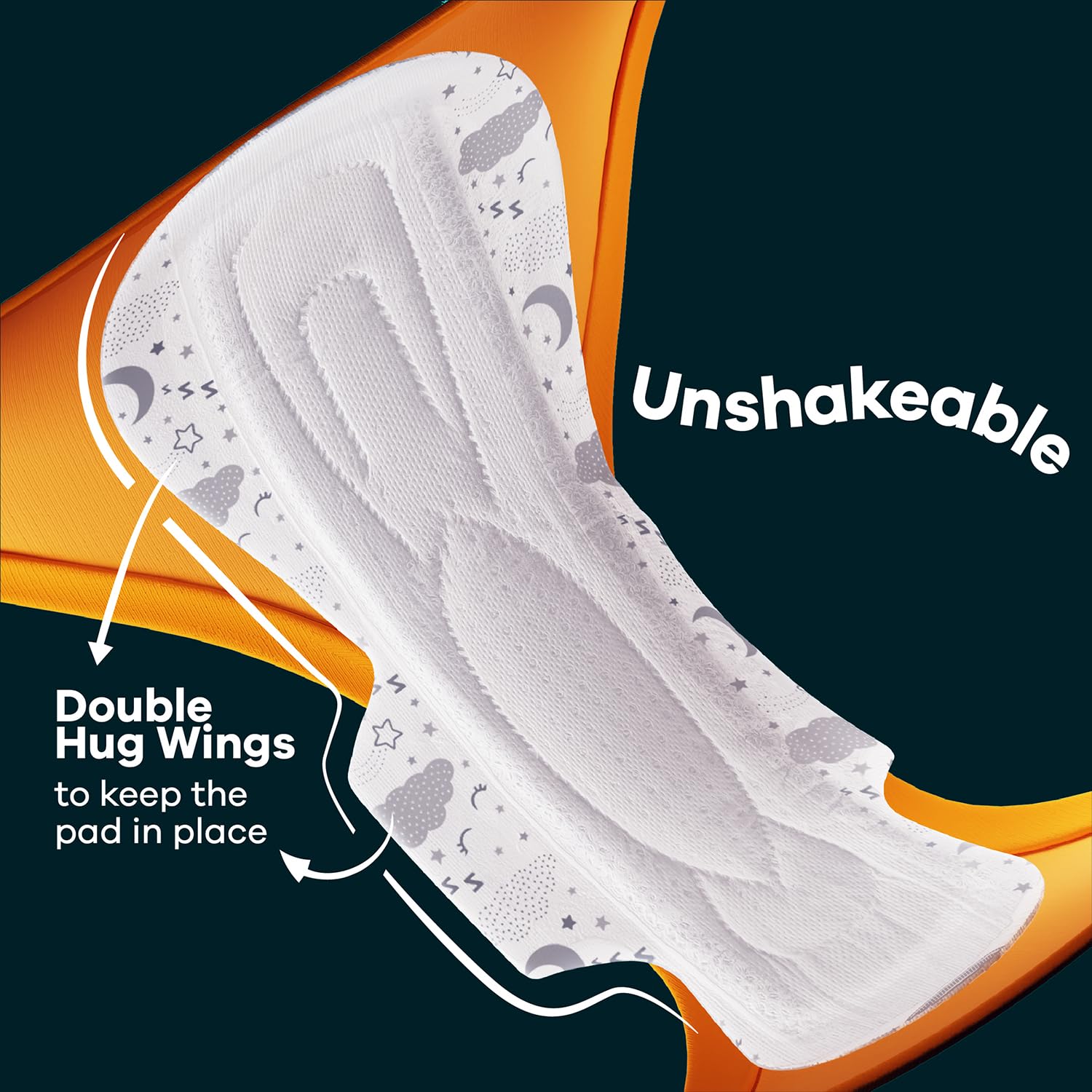 Close up of Whisper Ultra Night sanitary pads XXL white overnight pad with double hug wings and secure fit moon print