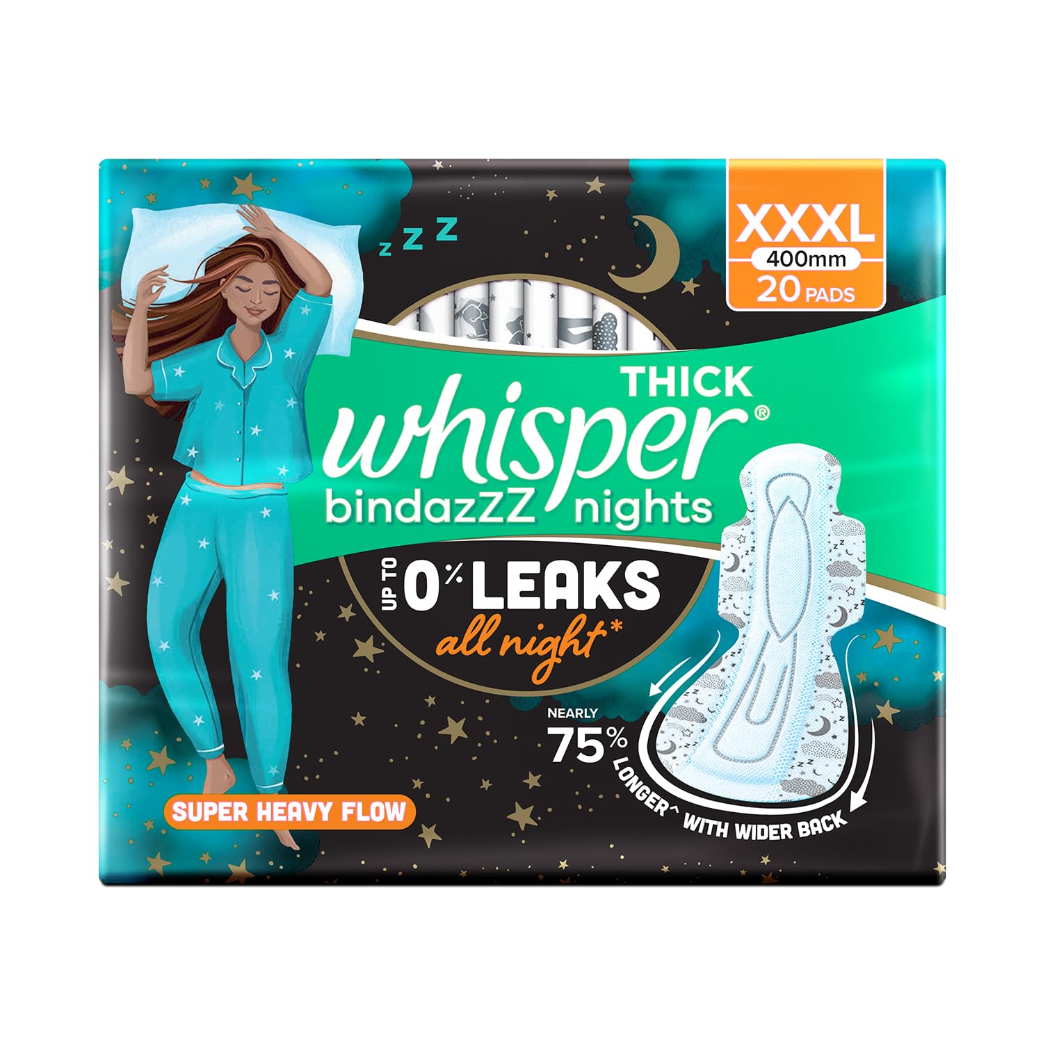 Whisper Ultra Night sanitary pads XXL 20 pack 400mm thick night pads for super heavy flow with wider back