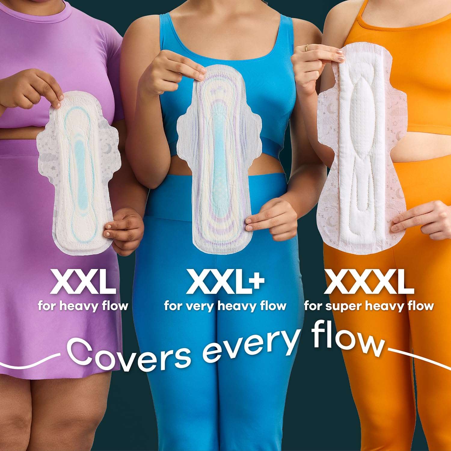 Three women holding Whisper Ultra Night sanitary pads XXL size with XXL plus and XXXL for heavy flow