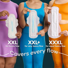 Three women holding Whisper Ultra Night sanitary pads XXL size with XXL plus and XXXL for heavy flow