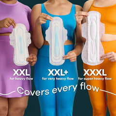 Three women holding Whisper Ultra Night sanitary pads XXL size with XXL plus and XXXL for heavy flow