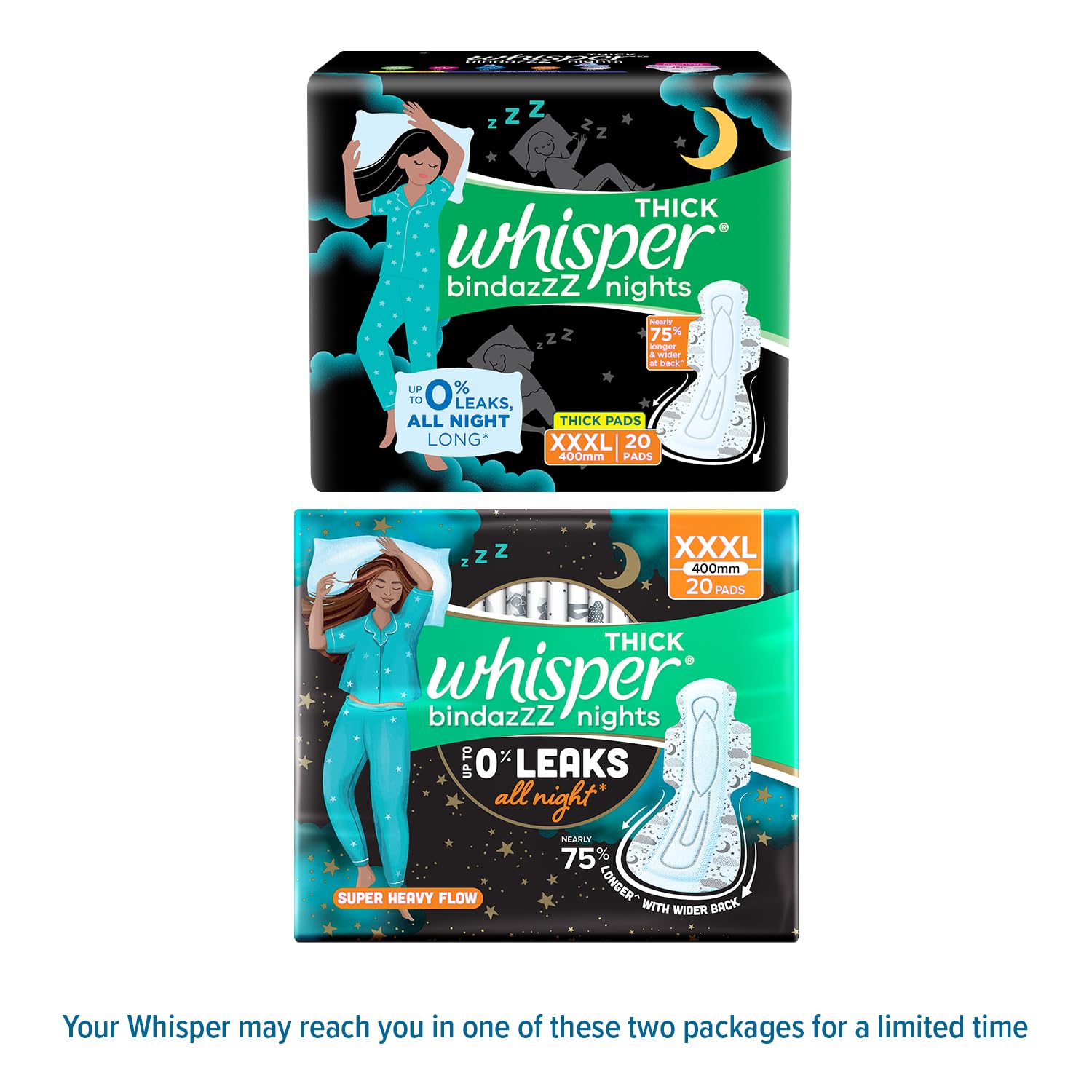 Two Whisper Ultra Night sanitary pads XXL packages with night design woman in pajamas and 20 pads
