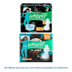 Two Whisper Ultra Night sanitary pads XXL packages with night design woman in pajamas and 20 pads