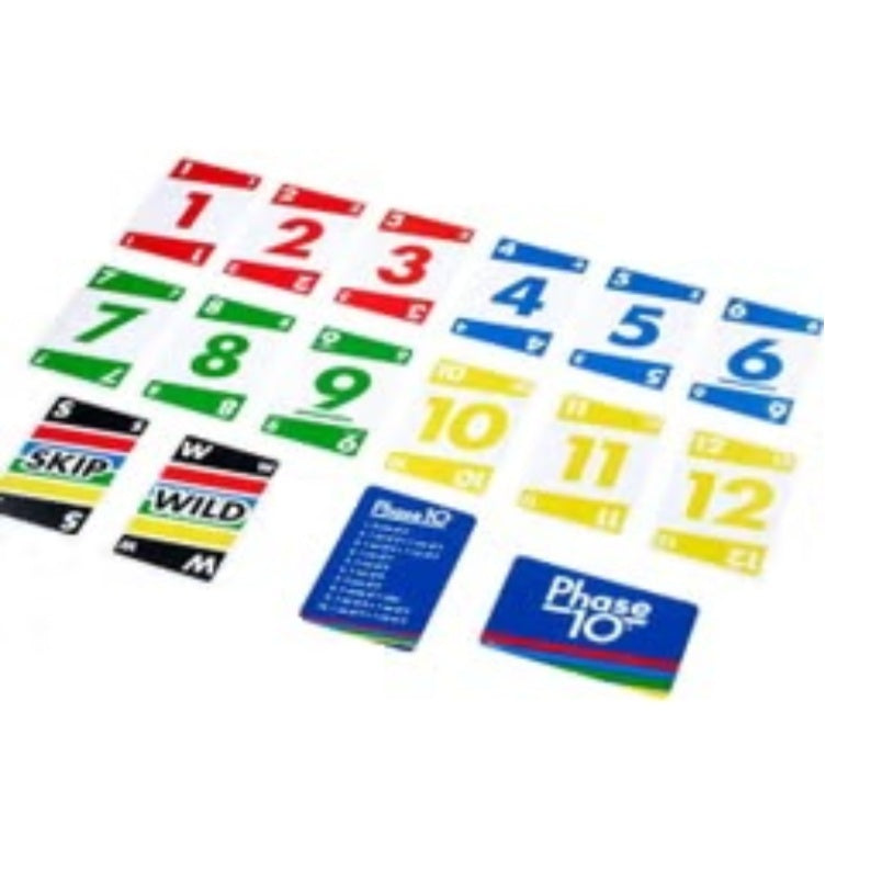 Phase 10 cards including numbered, skip, and wild cards with Phase 10 rules and instructions by Huitich