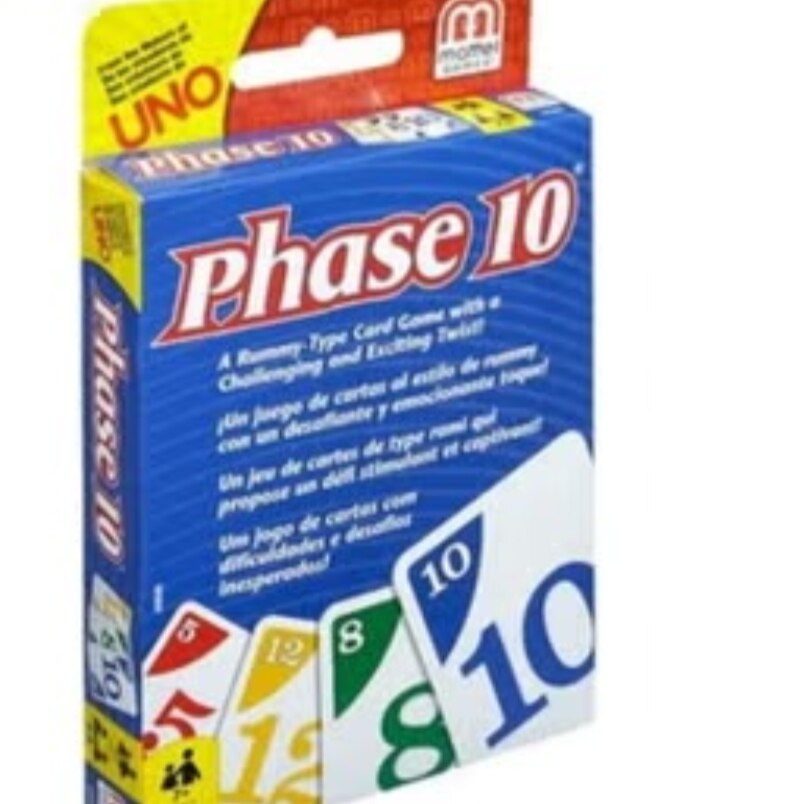 Phase 10 card game box by Huitich showing colorful cards and Phase 10 rules and instructions