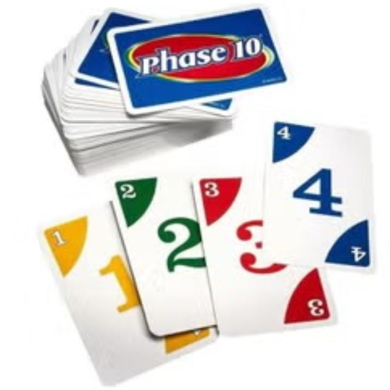 Phase 10 card game deck by Huitich with colorful numbered cards and Phase 10 rules and instructions