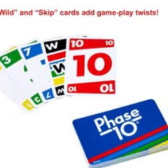 Huitich Phase 10 card game with Phase 10 rules and instructions showing colorful number and action cards