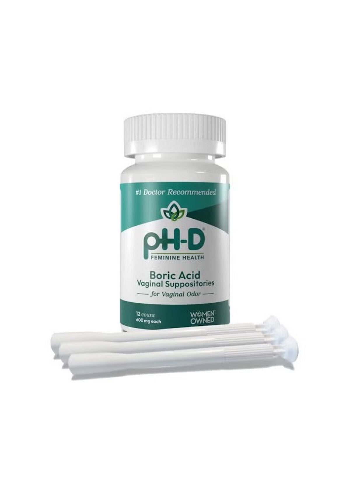 pH-D Feminine Health Support Boric Acid Vaginal Suppositories in a bottle with applicators for vaginal odor relief