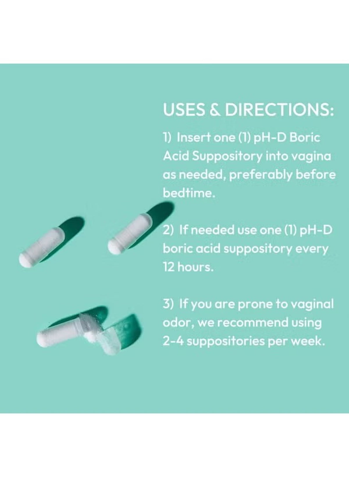 Boric acid vaginal suppositories by pH-D Feminine Health Support with clear usage instructions