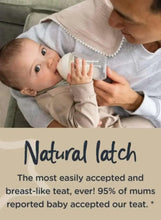 Baby feeding bottle with natural latch teat, baby drinking while held