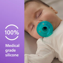 Sleeping infant with turquoise Philips Avent Soothie pacifier 0-3 months made from 100 percent medical grade silicone