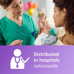 Hospital nurse and mother with newborn using Philips Avent Soothie pacifier 0-3 months distributed in hospitals nationwide