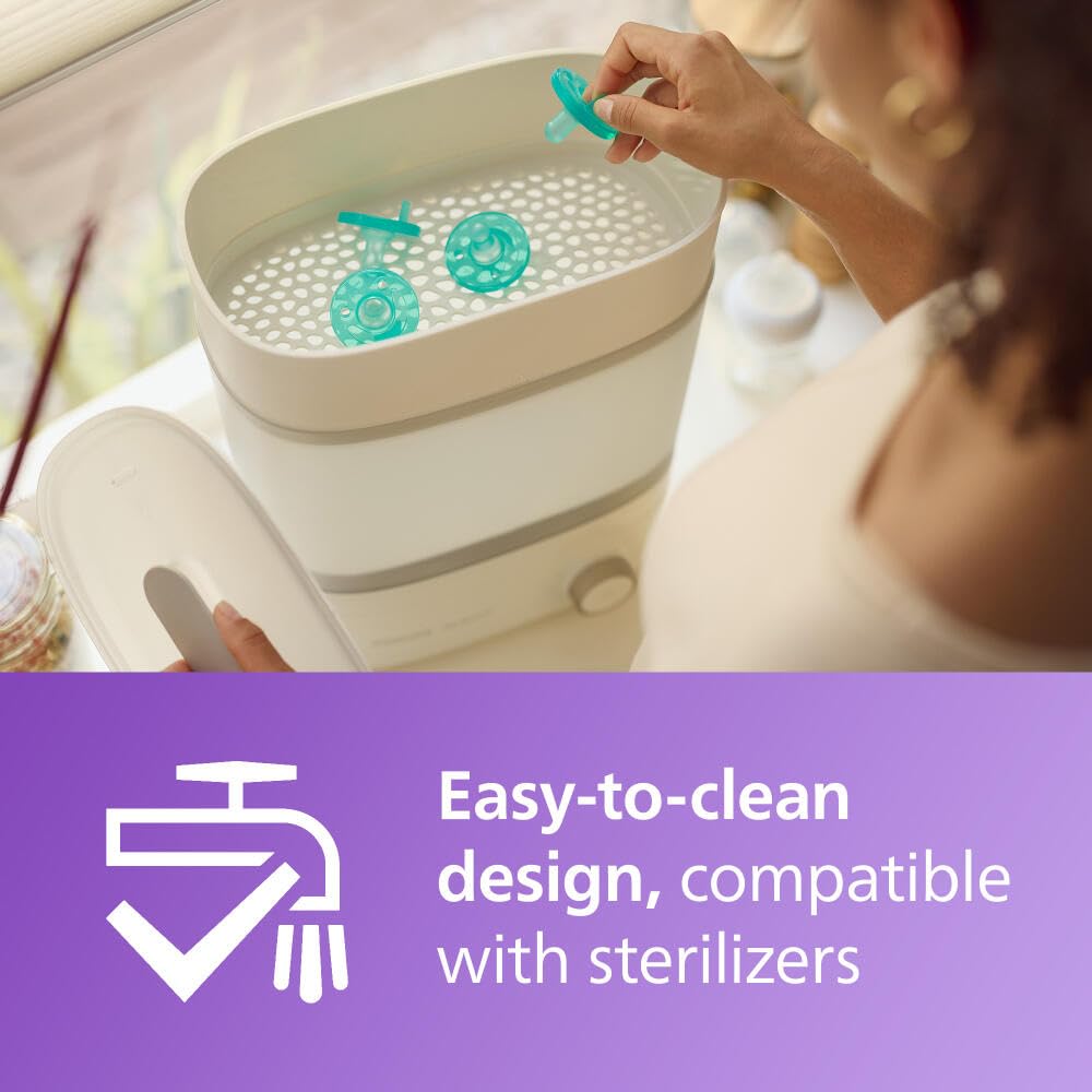 AVENT Philips Avent Soothie pacifier 0-3 months teal pacifiers in a sterilizer being placed by parent